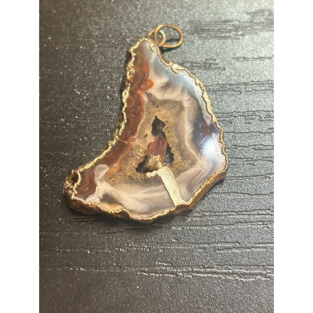 Genuine Agate Geode Druzy Crystal Gold Tone Pendant